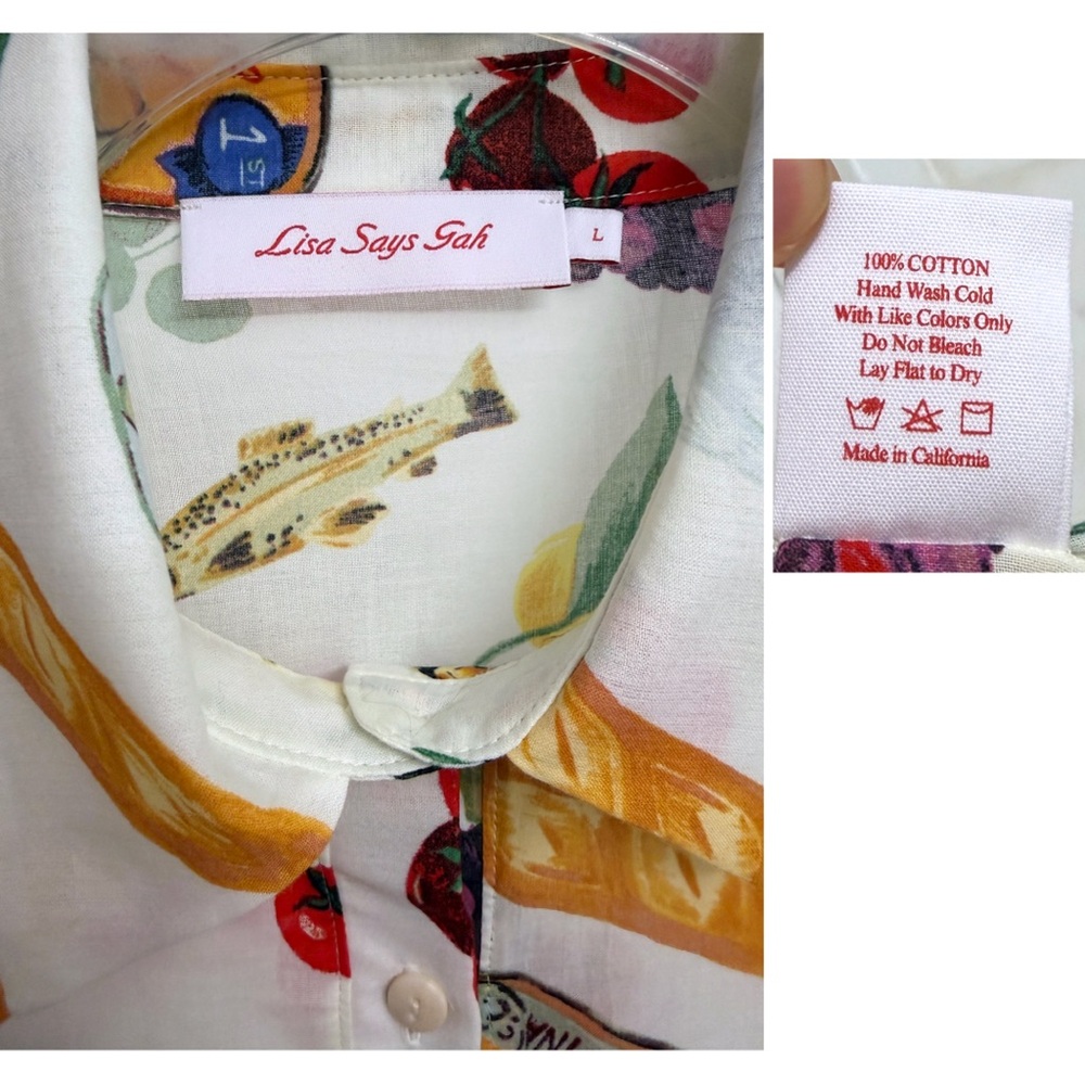 NWT Lisa Says Gah Tessa Food Print Button Down Shirt Top Italian Summer Ivory L - Picture 3 of 10
